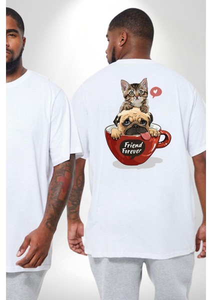 Kedi Ve Köpek Sonsuzadek Arkadaşız Büyük Beden Beyaz Tişört Kadın Erkek Ünisex Sırt Baskılı fiyatları