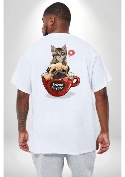 Kedi Ve Köpek Sonsuzadek Arkadaşız Büyük Beden Beyaz Tişört Kadın Erkek Ünisex Sırt Baskılı fırsatları