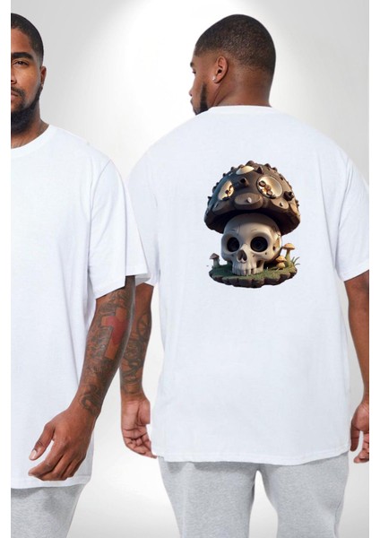 Kurukafa Mantar Ev Büyük Beden Beyaz Tişört Kadın Erkek Ünisex Sırt Baskılı fiyatları