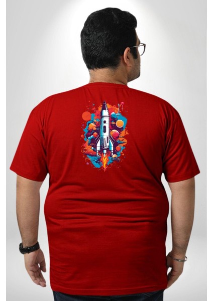 Uzay Aracı Roket Büyük Beden Kırmızı Tişört Kadın Erkek Ünisex Sırt Baskılı