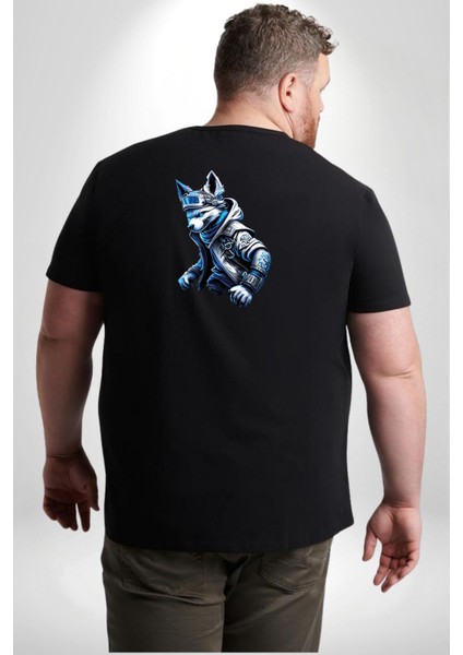 Mavi Beyaz Ateşli Kurt Büyük Beden Siyah Tişört Kadın Erkek Ünisex Sırt Baskılı
