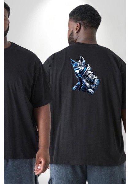 Mavi Beyaz Ateşli Kurt Büyük Beden Siyah Tişört Kadın Erkek Ünisex Sırt Baskılı fiyatları