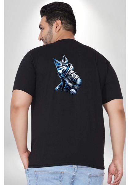 Mavi Beyaz Ateşli Kurt Büyük Beden Siyah Tişört Kadın Erkek Ünisex Sırt Baskılı fırsatları