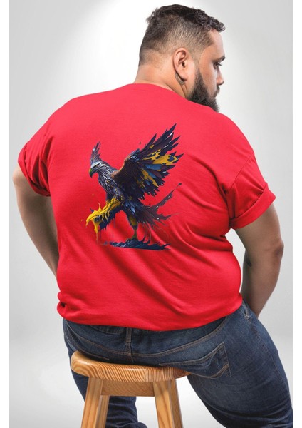 Kara Kartal Sulu Boya Büyük Beden Kırmızı Tişört Kadın Erkek Ünisex Sırt Baskılı
