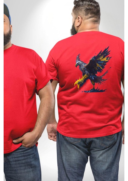 Kara Kartal Sulu Boya Büyük Beden Kırmızı Tişört Kadın Erkek Ünisex Sırt Baskılı fiyatları
