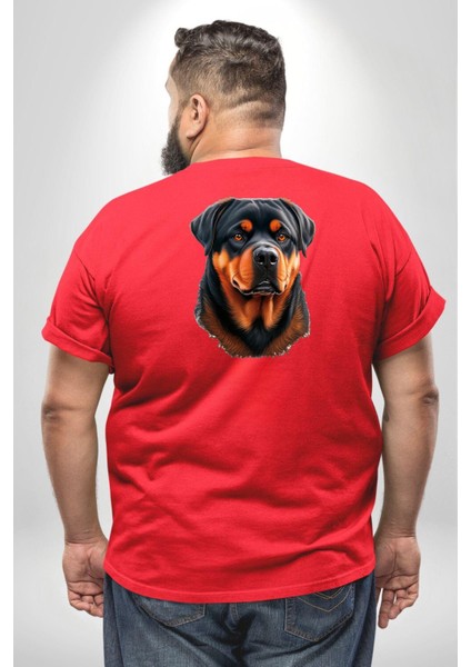 Rottweiler A Secere Büyük Beden Kırmızı Tişört Kadın Erkek Ünisex Sırt Baskılı
