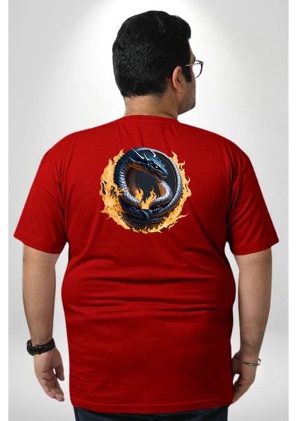 Ejderha Ateşli Top Büyük Beden Kırmızı Tişört Kadın Erkek Ünisex Sırt Baskılı