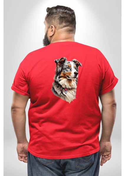 Australian Shepherd Köpek Büyük Beden Kırmızı Tişört Kadın Erkek Ünisex Sırt Baskılı