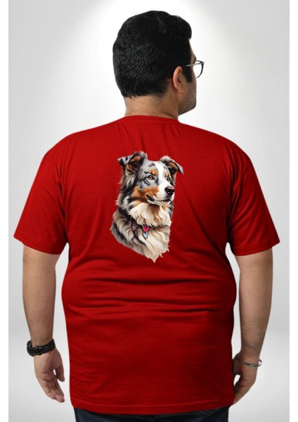 Australian Shepherd Köpek Büyük Beden Kırmızı Tişört Kadın Erkek Ünisex Sırt Baskılı fırsatları
