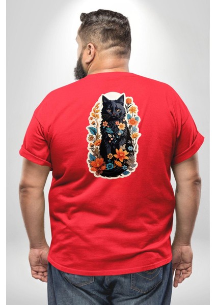 Çiçekli Kırmızı Kedi Etiket Büyük Beden Kırmızı Tişört Kadın Erkek Ünisex Sırt Baskılı