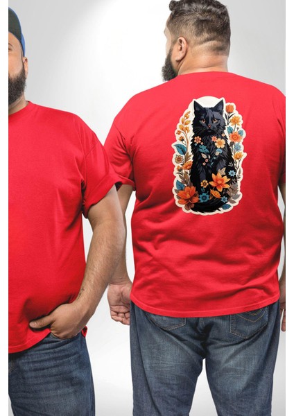 Çiçekli Kırmızı Kedi Etiket Büyük Beden Kırmızı Tişört Kadın Erkek Ünisex Sırt Baskılı fiyatları