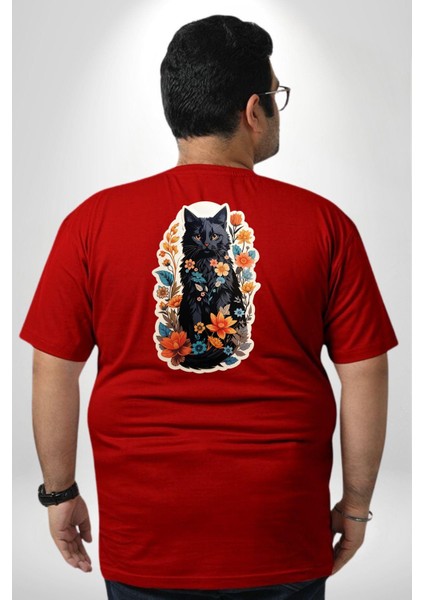 Çiçekli Kırmızı Kedi Etiket Büyük Beden Kırmızı Tişört Kadın Erkek Ünisex Sırt Baskılı fırsatları