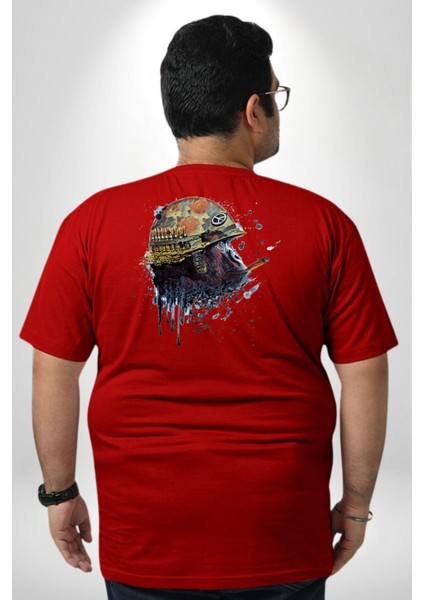 Kasket Miğfer Goril Savaşcı Büyük Beden Kırmızı Tişört Kadın Erkek Ünisex Sırt Baskılı