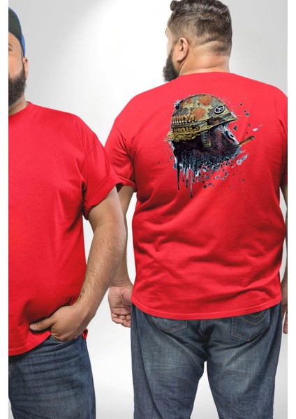 Kasket Miğfer Goril Savaşcı Büyük Beden Kırmızı Tişört Kadın Erkek Ünisex Sırt Baskılı fiyatları