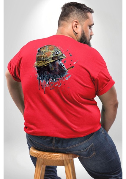 Kasket Miğfer Goril Savaşcı Büyük Beden Kırmızı Tişört Kadın Erkek Ünisex Sırt Baskılı fırsatları