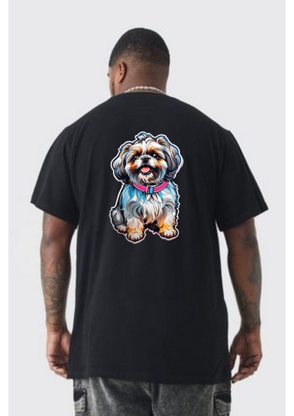 Shih Tzu Renkli Köpek Büyük Beden Siyah Tişört Kadın Erkek Ünisex Sırt Baskılı