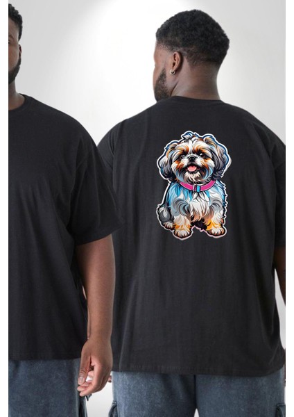 Shih Tzu Renkli Köpek Büyük Beden Siyah Tişört Kadın Erkek Ünisex Sırt Baskılı fiyatları