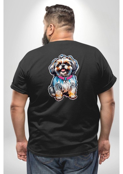Shih Tzu Renkli Köpek Büyük Beden Siyah Tişört Kadın Erkek Ünisex Sırt Baskılı fırsatları