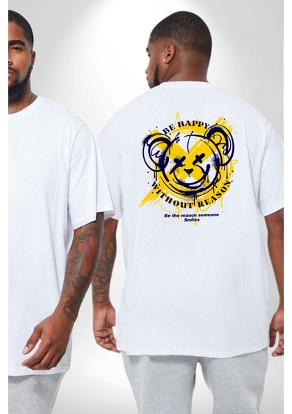 Sebep Olmadan Mutlu Ol Büyük Beden Beyaz Tişört Kadın Erkek Ünisex Sırt Baskılı fiyatları