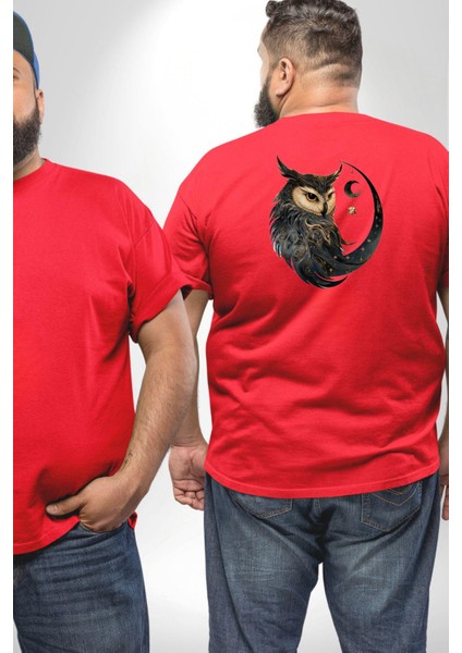 Ay Yıldız Bakır Renk Baykuş Büyük Beden Kırmızı Tişört Kadın Erkek Ünisex Sırt Baskılı fiyatları