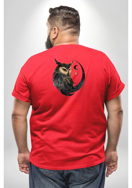 Ay Yıldız Bakır Renk Baykuş Büyük Beden Kırmızı Tişört Kadın Erkek Ünisex Sırt Baskılı fırsatları