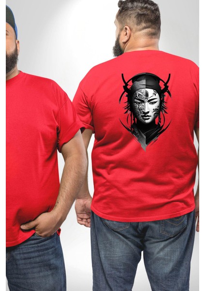 Asyalı Samuray Kırmızı Beyaz Dövmeli Çift Yüz Büyük Beden Kırmızı Tişört Kadın Erkek Ünisex Sırt Baskılı fiyatları