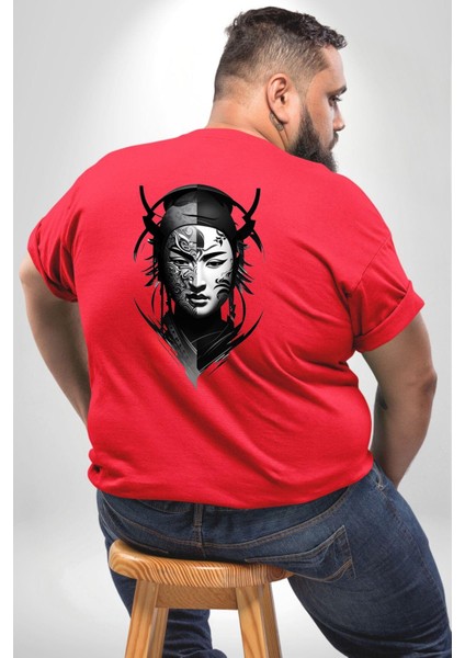 Asyalı Samuray Kırmızı Beyaz Dövmeli Çift Yüz Büyük Beden Kırmızı Tişört Kadın Erkek Ünisex Sırt Baskılı fırsatları