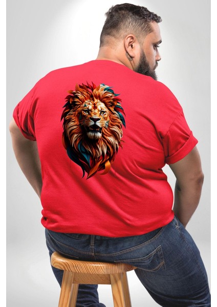 Renkli Kaplan Kükrüyor Büyük Beden Kırmızı Tişört Kadın Erkek Ünisex Sırt Baskılı