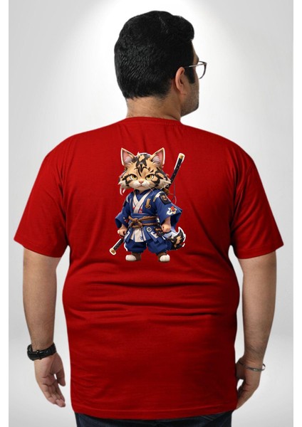 Asyalı Kedi Samuray Savaşcı Büyük Beden Kırmızı Tişört Kadın Erkek Ünisex Sırt Baskılı