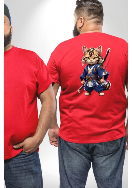 Asyalı Kedi Samuray Savaşcı Büyük Beden Kırmızı Tişört Kadın Erkek Ünisex Sırt Baskılı fiyatları