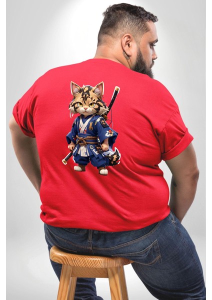 Asyalı Kedi Samuray Savaşcı Büyük Beden Kırmızı Tişört Kadın Erkek Ünisex Sırt Baskılı fırsatları