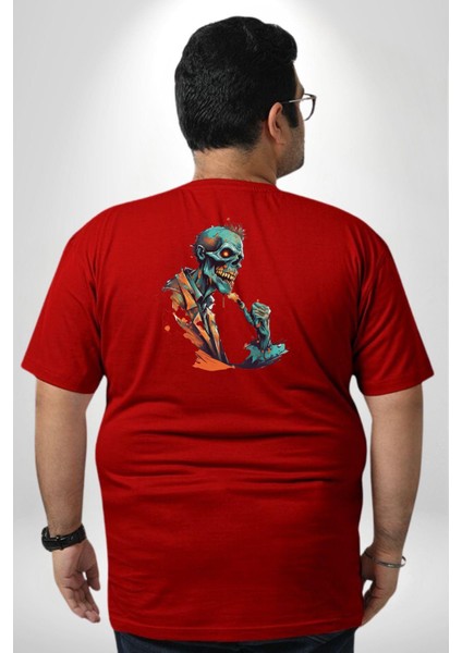 Zombi Iskelet Kendine Yumruk Büyük Beden Kırmızı Tişört Kadın Erkek Ünisex Sırt Baskılı