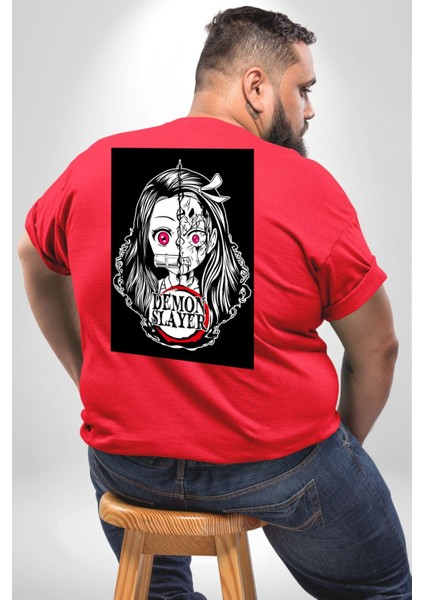 Anime Demon Slayer Büyük Beden Kırmızı Tişört Kadın Erkek Ünisex Sırt Baskılı