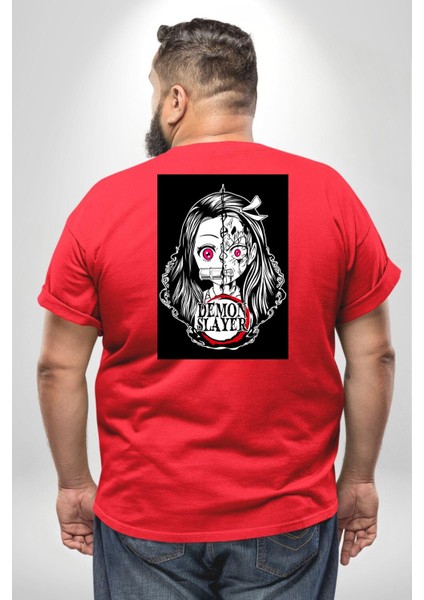 Anime Demon Slayer Büyük Beden Kırmızı Tişört Kadın Erkek Ünisex Sırt Baskılı fırsatları