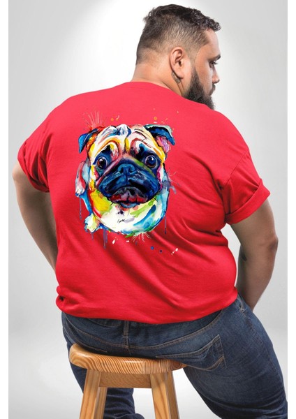 Sulu Boya Pug Köpek Büyük Beden Kırmızı Tişört Kadın Erkek Ünisex Sırt Baskılı