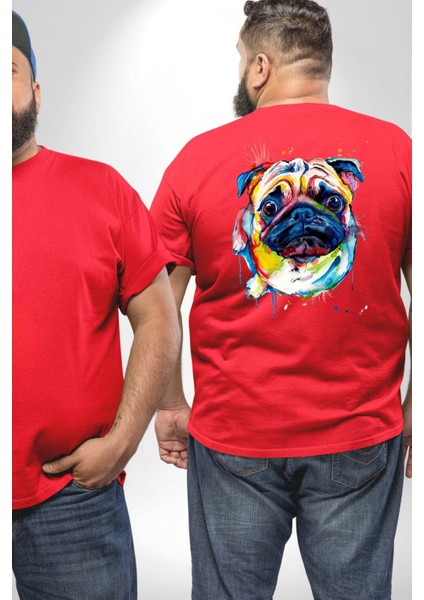 Sulu Boya Pug Köpek Büyük Beden Kırmızı Tişört Kadın Erkek Ünisex Sırt Baskılı fiyatları