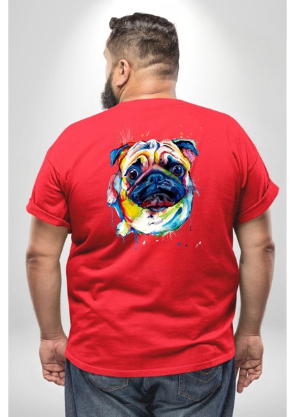 Sulu Boya Pug Köpek Büyük Beden Kırmızı Tişört Kadın Erkek Ünisex Sırt Baskılı fırsatları