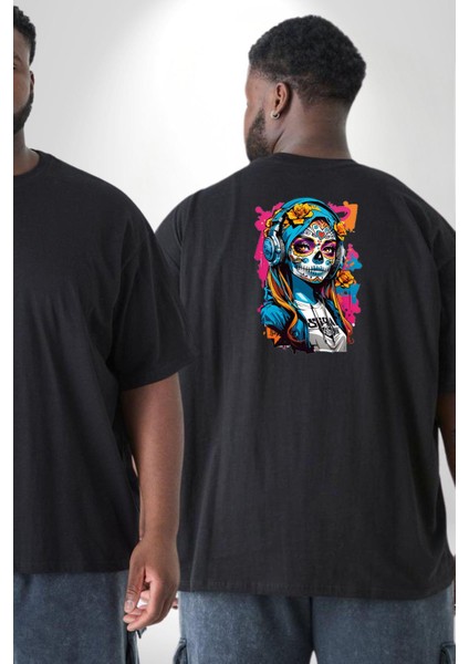 Kulaklık Müzik Dinleyen Kız Büyük Beden Siyah Tişört Kadın Erkek Ünisex Sırt Baskılı fiyatları