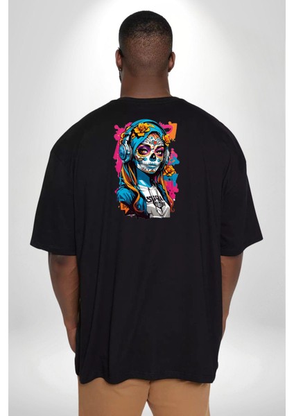 Kulaklık Müzik Dinleyen Kız Büyük Beden Siyah Tişört Kadın Erkek Ünisex Sırt Baskılı fırsatları