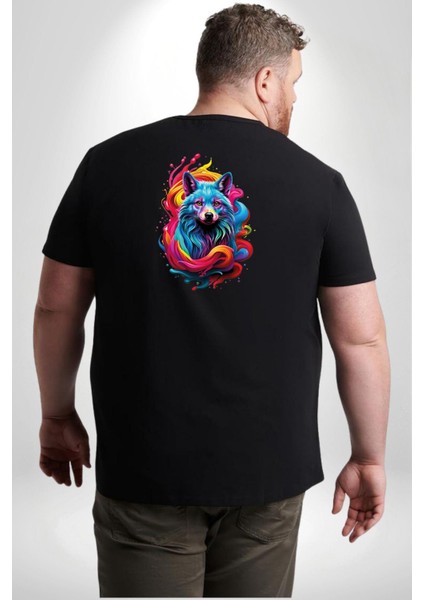 Renkli Kurt Büyük Beden Siyah Tişört Kadın Erkek Ünisex Sırt Baskılı