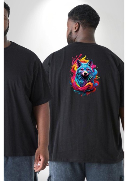 Renkli Kurt Büyük Beden Siyah Tişört Kadın Erkek Ünisex Sırt Baskılı fiyatları