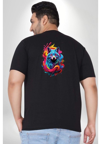 Renkli Kurt Büyük Beden Siyah Tişört Kadın Erkek Ünisex Sırt Baskılı fırsatları
