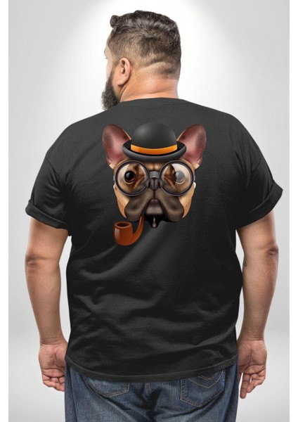 Köpek Pug Gözlüklü Büyük Beden Siyah Tişört Kadın Erkek Ünisex Sırt Baskılı
