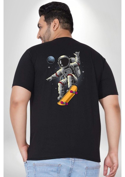 Atronot Kaykay Uzay Mars Büyük Beden Siyah Tişört Kadın Erkek Ünisex Sırt Baskılı