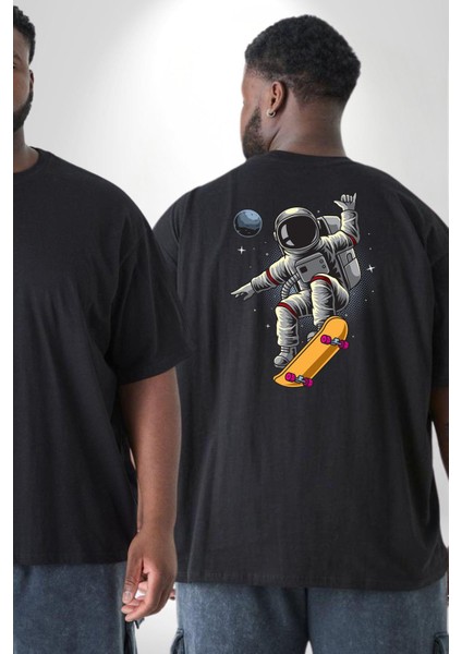 Atronot Kaykay Uzay Mars Büyük Beden Siyah Tişört Kadın Erkek Ünisex Sırt Baskılı fiyatları