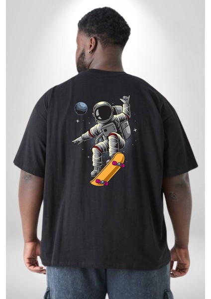 Atronot Kaykay Uzay Mars Büyük Beden Siyah Tişört Kadın Erkek Ünisex Sırt Baskılı fırsatları