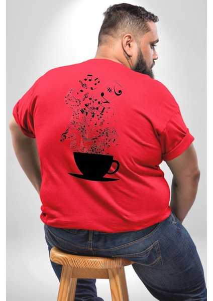 Kahve Müzik Nota Büyük Beden Kırmızı Tişört Kadın Erkek Ünisex Sırt Baskılı