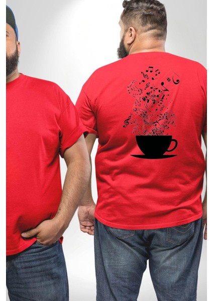 Kahve Müzik Nota Büyük Beden Kırmızı Tişört Kadın Erkek Ünisex Sırt Baskılı fiyatları