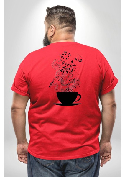 Kahve Müzik Nota Büyük Beden Kırmızı Tişört Kadın Erkek Ünisex Sırt Baskılı fırsatları