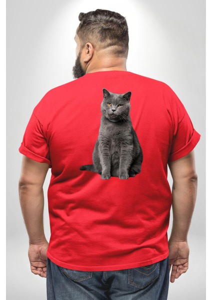 British Shorthair Kedi Büyük Beden Kırmızı Tişört Kadın Erkek Ünisex Sırt Baskılı fırsatları